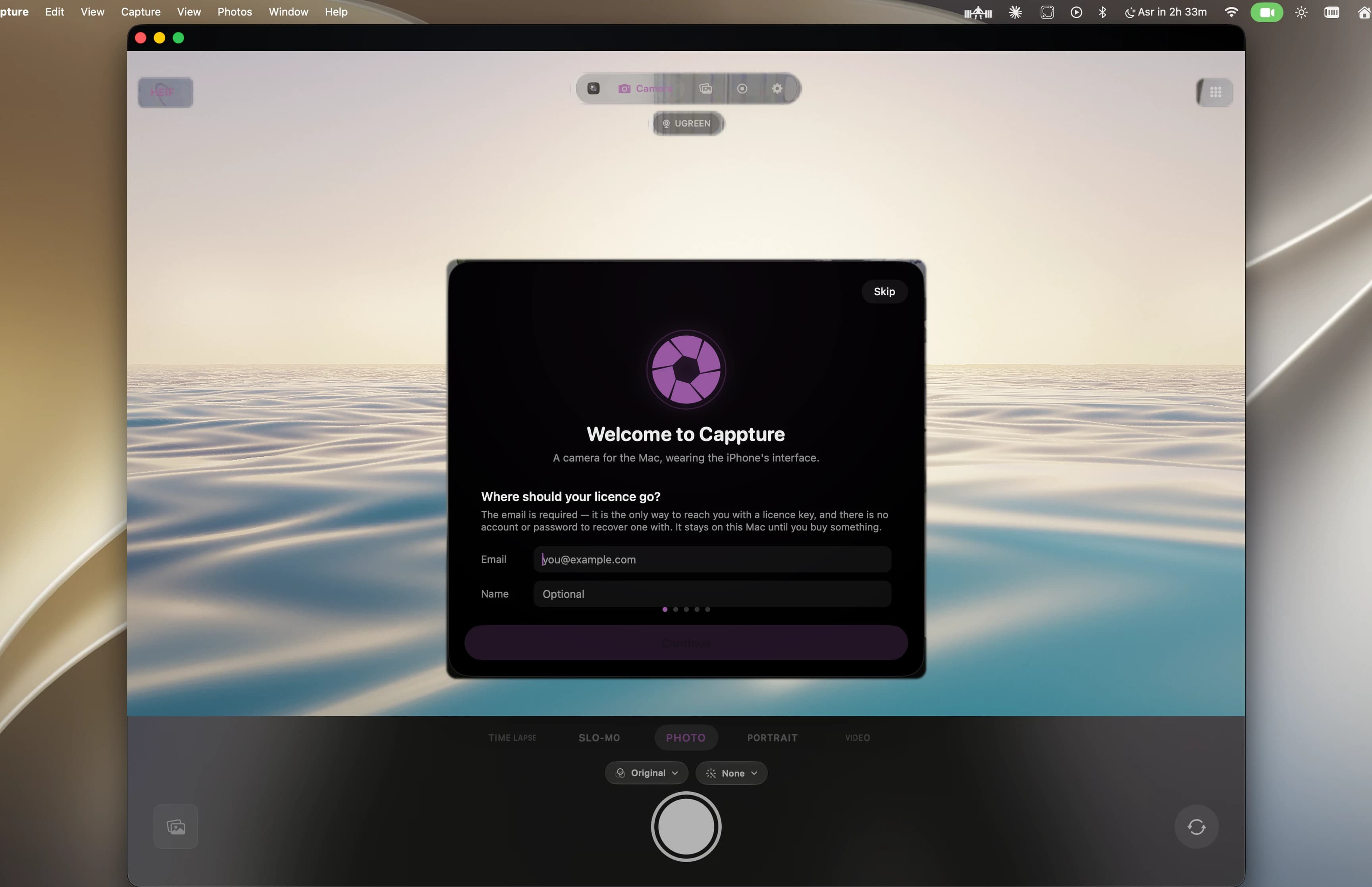 Cappture's welcome screen, listing what the app does