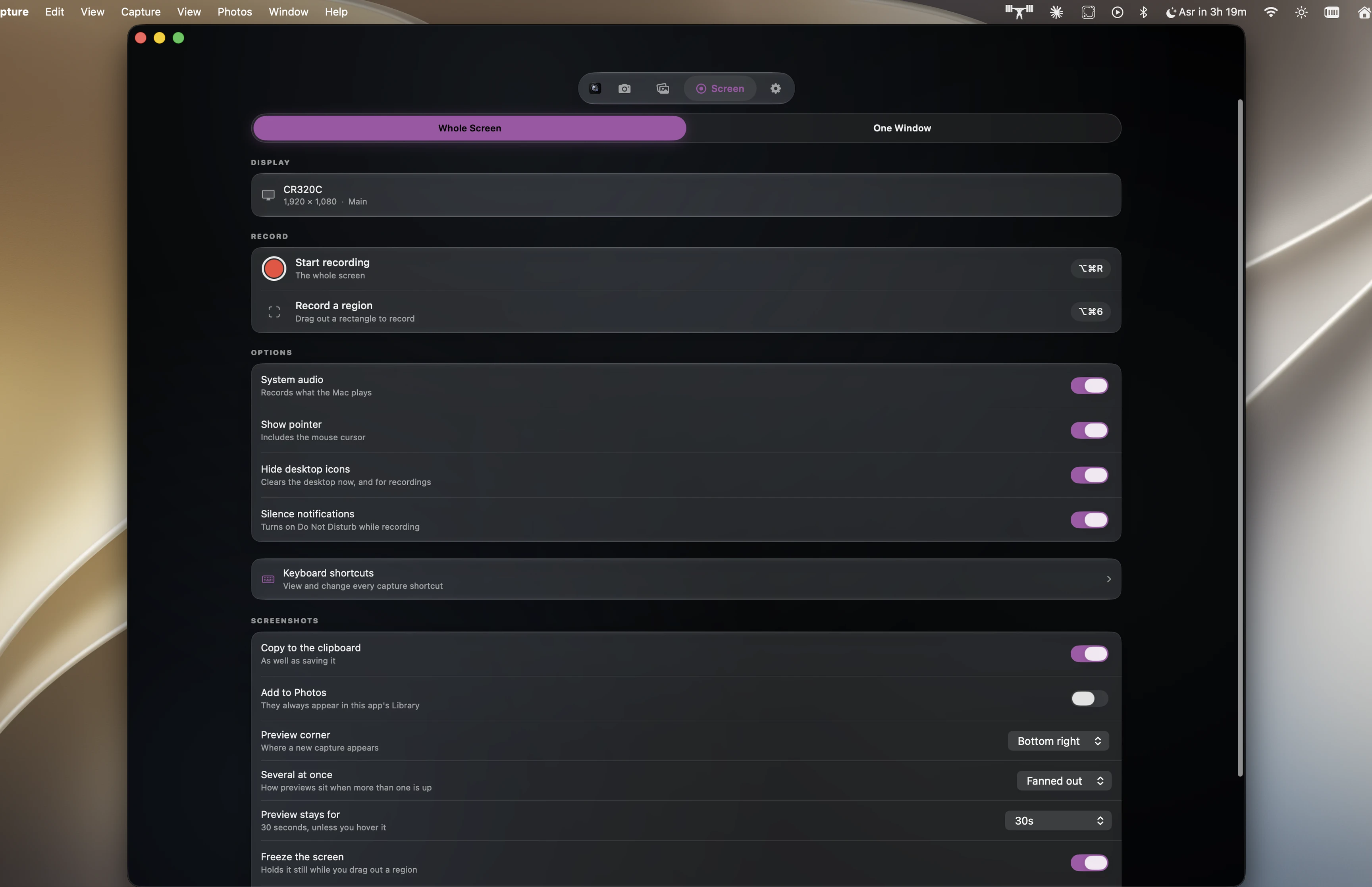 Cappture's screen recording panel, with display and audio options